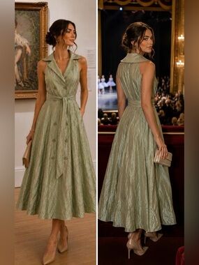Teri Jon Rickie Freeman Sage Green Crinkle Metallic Fit & Flare Cocktail Dress